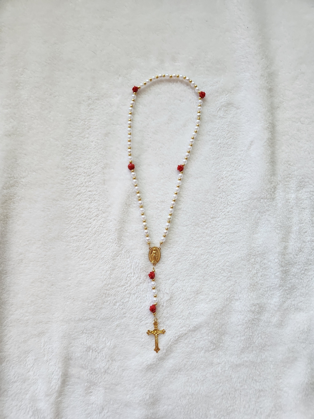 Hand Crafted And Home Made Gold-Tone Rosary with Red and Pearl Beads